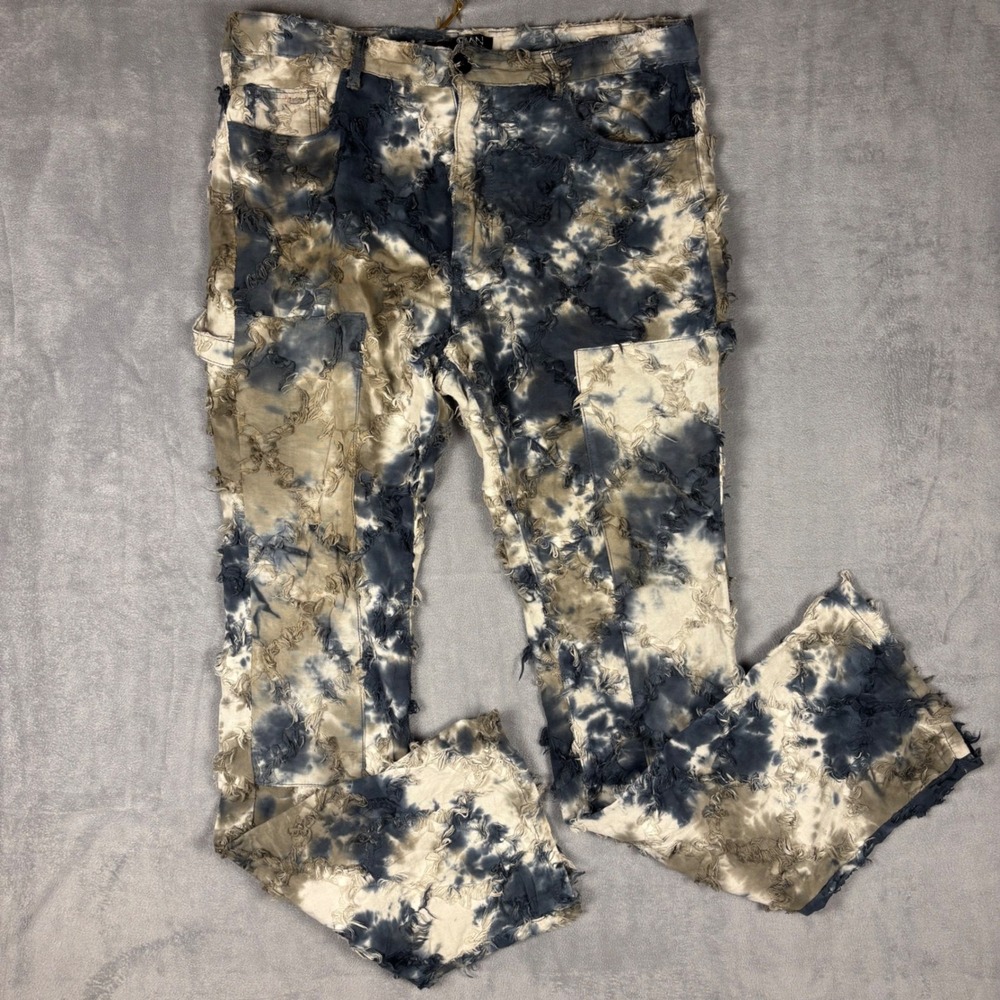BoohooMAN Mens 36 Distressed Tie Dye Carpenter Pants Blue Tan Fringed Streetwear